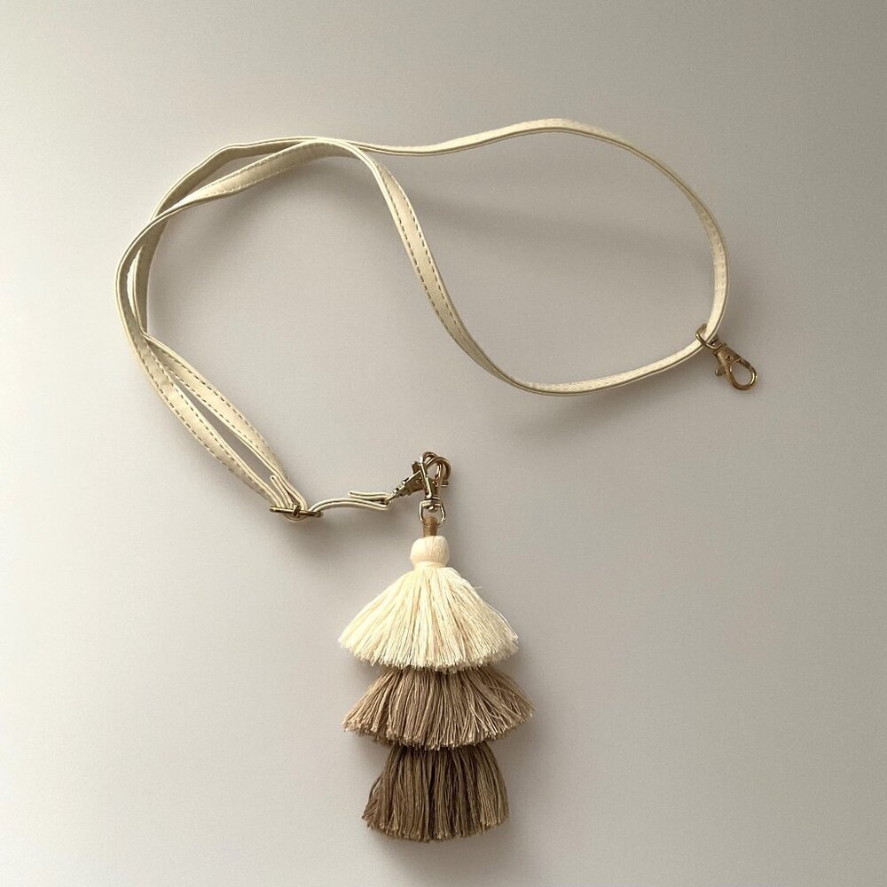 New Boho Tri-Layered Tassel Bag Charm & Long Strap Ombré Neutral Necklace
